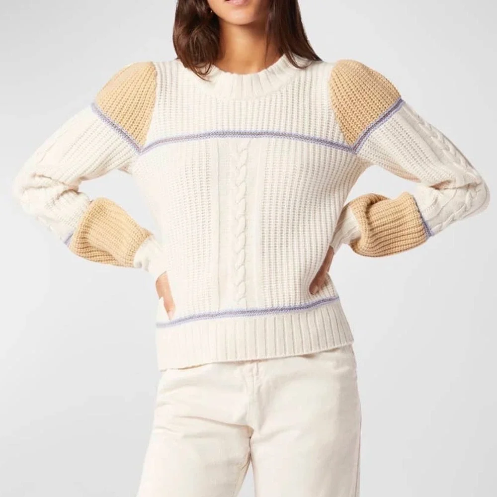 Joie Ivor‎ Colorblock Chunky Cable Knit Wool Sweater Womens XS Cream Old Money